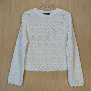 Mango MNG Sweater Womens Medium White Open Knit Boho Cottage Minimalist Feminine